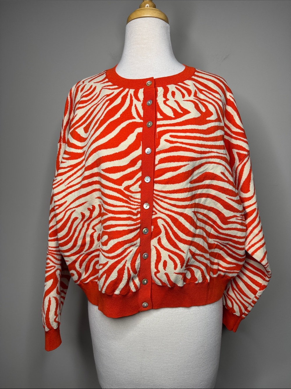 Zara Orange and Cream Zebra-Print Oversized Button Cardigan Sweater Sz Medium